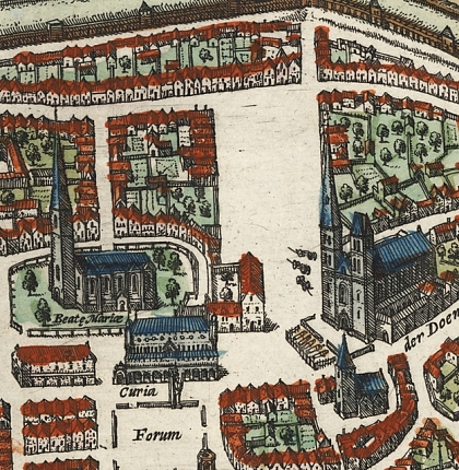Die Abbildung zeigt einen Ausschnitt aus dem Stadtplan von Braun und Hogenberg mit dem Bereich des Domshofes.